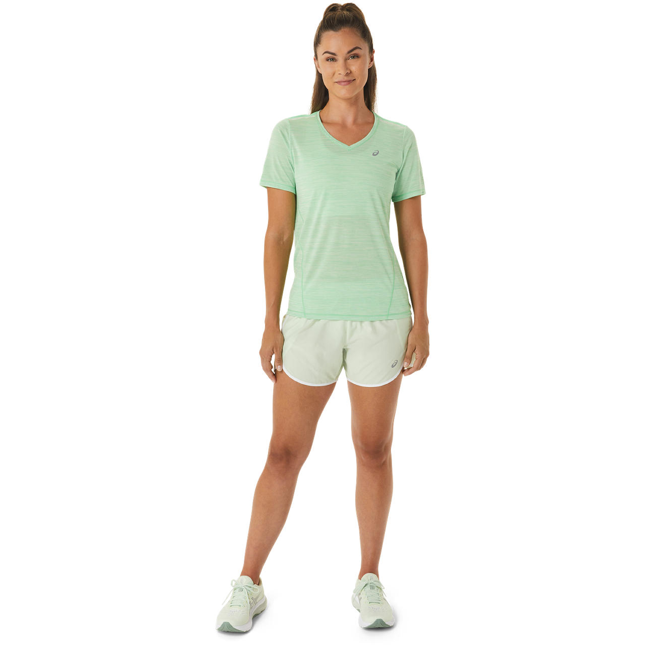 ASICS RACE V-NECK SS TOP, TOURMALINE/WHISPER GREEN, swatch