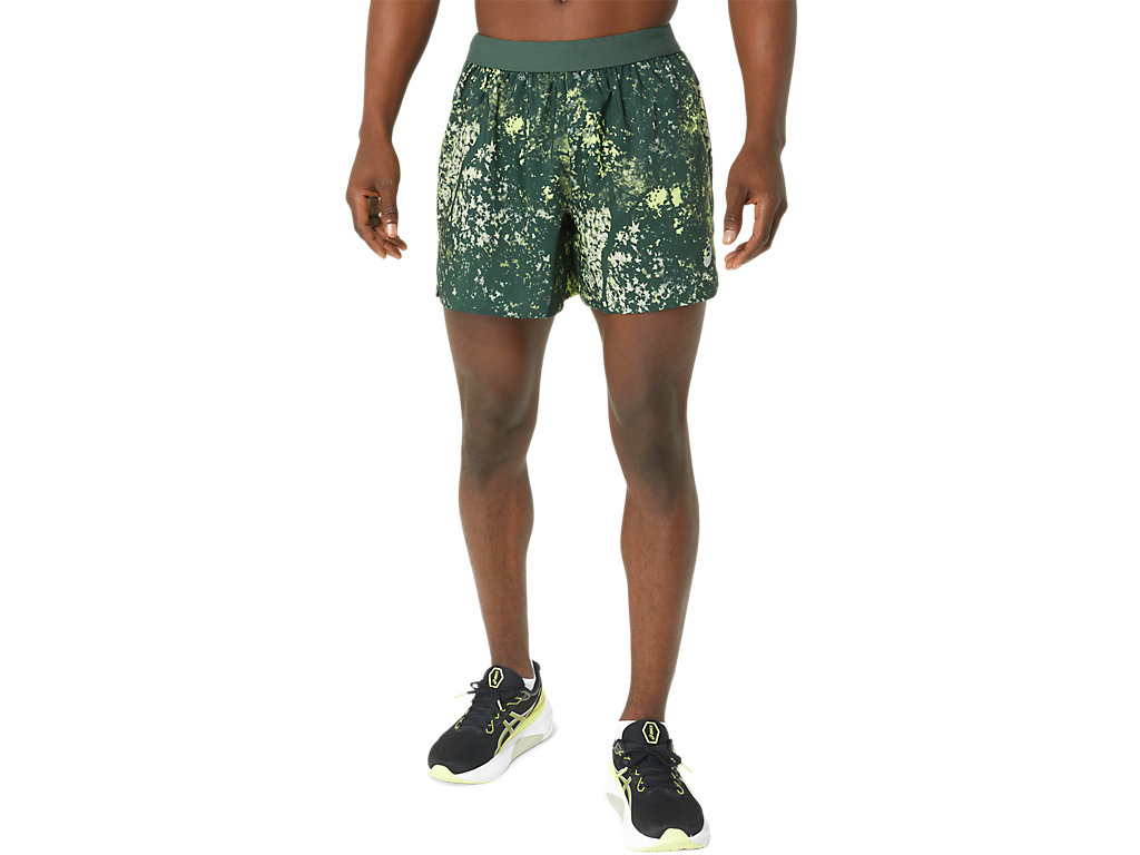 ASICS ALL OVER PRINT 5IN SHORT, RAIN FOREST/GLOW YELLOW, swatch