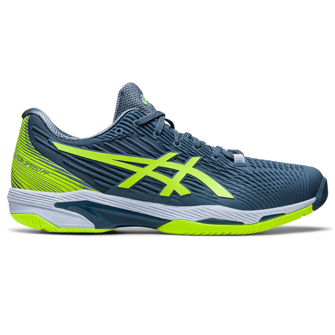 ASICS SOLUTION SPEED FF 2, STEEL BLUE/HAZARD GREEN, swatch